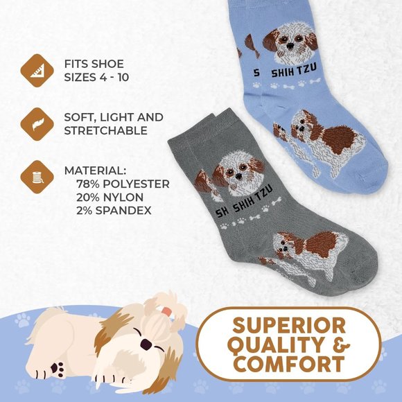 Shih Tzu Chinese Lion Toy Dog Rescue Animal Breed Lightweight 2 Pairs Socks - Picture 2 of 3